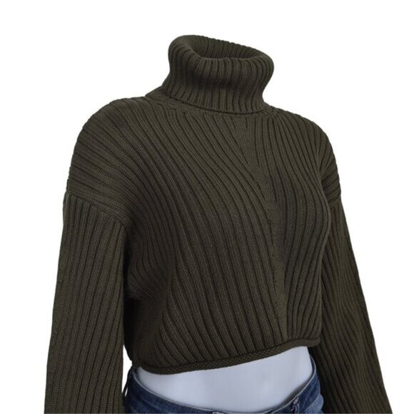 NWT Zara Ribbed Knit Cropped Sweater Turtleneck Khaki Green Size Small - Picture 9 of 16